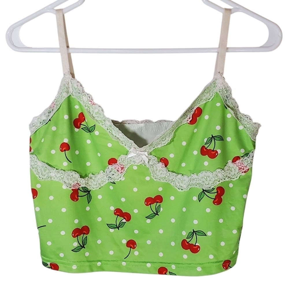 2395 * Unbranded Cherry Print Cropped Cami Tank Green Red Size Unknown - Picture 1 of 5